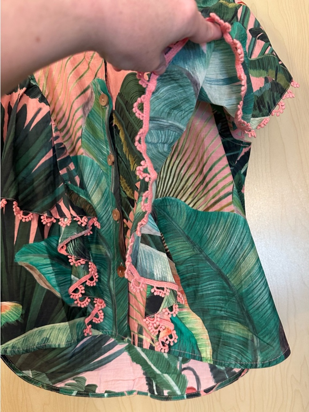 FARM Rio Pink and Green Tropical Leaf Ruffle Blouse - Picture 6 of 10